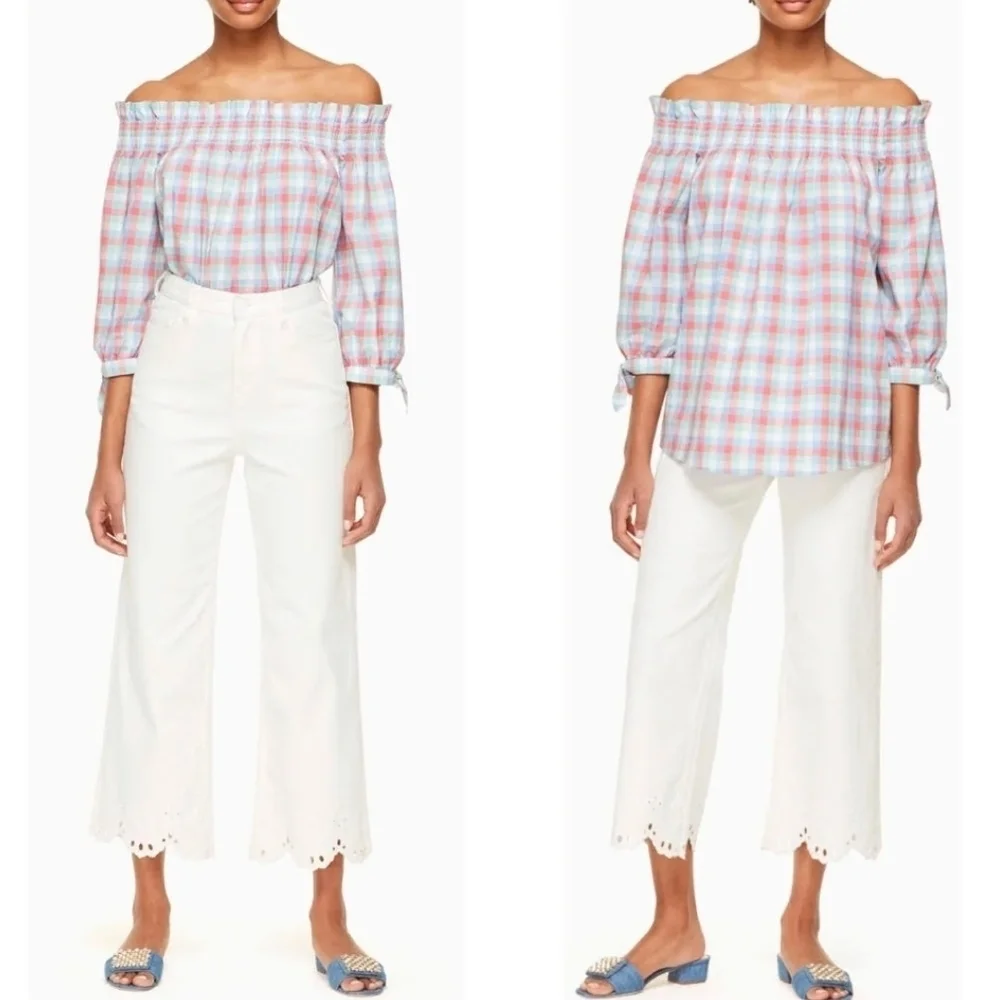 Kate Spade Nwot Madras Plaid Off Shoulder Cotton Top Broome St Size M